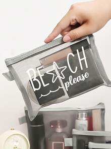 多色防水時尚網格海灘包，印有「Beach Please」彩色圖案、海灘主題、海星與波浪圖案。大容量透明化妝包，尼龍拉鍊盥洗包，輕巧，可裝防曬乳、零食、比基尼和海灘必需品。多色可選 - 彩色 - 查看 2