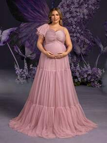 Faeriesty Elegant Maternity Plus Size Soft Pink Asymmetric Neckline Maxi Party Gown For Women | Sheer Mesh & Tulle Fabric With Multi-Layer Flounce , Chest Ruched Detailing For Feminine Dimension, Perfect For Spring Weddings, Mother's Day Celebrations - Mauve Purple - View 10