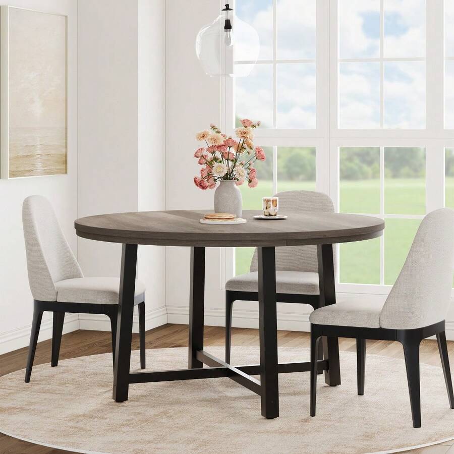Industrial 47'' Round Dining Table For 4-6 – Space-Saving Wooden Kitchen Table – Sturdy Metal Frame – Perfect For Dining Room Or Kitchen – No Chairs Included - Gris - Ver 1