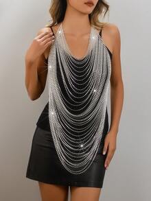 Dây chuyền ngực nhiều lớp đính pha lê tua rua thời trang, gợi cảm, phụ kiện trang sức nội y phóng khoáng dành cho nữ, thích hợp cho các bữa tiệc đêm, quà tặng ngày Valentine. - Bạc - Xem 2