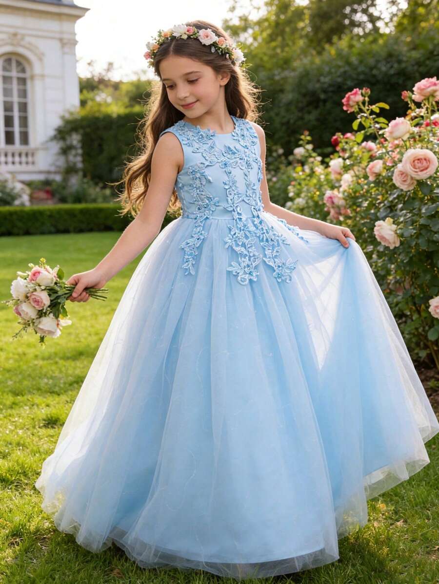 Girls' Lace Blue Princess Prom Dress, Wedding Party Formal Gown, Beauty Pageant Evening Dress, Graduation Dress, Christmas - Baby Blue - View 1