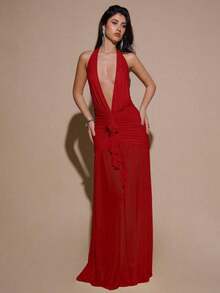 2026 Dresses For WomenBAE Sexy Minimalist Solid Yellow Cream Deep V-Neck Halter Bodycon Ruched Fitted Women's Maxi Mesh Dress, Suitable For Party, Cocktail, Formal Occasions, Bridesmaid, Birthday, Business Casual, Elegant Women Maxi Dress,Valentine's Day,Valentine Fits For WomenLoose And Comfortablevestidos - 紅色 - 查看 5