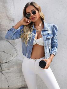Chaqueta de mezclilla con desgarros de moda HAPPY GIRL, versátil para primavera/verano, adecuada para uso casual, vacaciones, fiesta de cumpleaños, fiesta de solteros, viajes, actuaciones en el escenario, té, aeropuerto - Azul - Ver 1