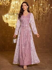 UNITHORSE 女士【随机印花】甜心领长袖修身亮片拼接针织连衣裙 - 粉色 - 查看 1