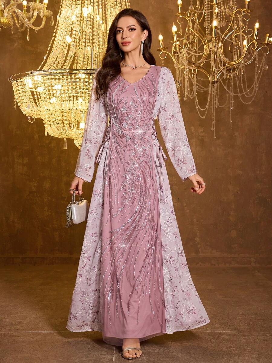 UNITHORSE 女士【随机印花】甜心领长袖修身亮片拼接针织连衣裙 - 粉色 - 查看 1