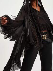 Women Y2K Long Bell Sleeve Frill Top V Neck See Through Sheer Mesh Blouse High Low Hem Ruffled Flowy Tops Loose Fit Poncho Capes Tops Going Out - 黑色 - 查看 2