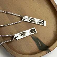 Custom Engraved Photo Bar Necklace, Personalized Eye Portrait Image Pendant, 18K Gold Plated Stainless Steel Square Chain, Emotional Jewelry Gift - Silver Sculpted Eyes - View 8