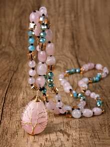 Dây chuyền hạt đá thạch anh hồng tự nhiên với mặt dây chuyền hình giọt nước - Phong cách Bohemian độc đáo, hoàn hảo cho trang phục thường ngày và là món quà lý tưởng cho Ngày của Mẹ. - Hồng - Xem 10