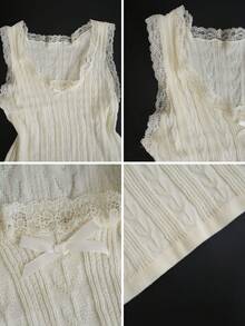 Sexy Lace Trim Fitted Camisole Top, Cropped Length, Bowknot Accent, Suitable For Summer Layering Or Outerwear - Apricot - View 8