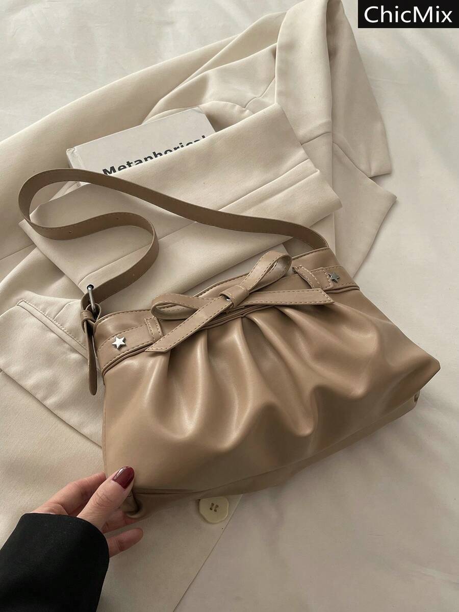 New Autumn/Winter Fashion Versatile Personality Pleated Bow Decor Women's Handbag, Elegant Gentle Sweet Style, Suitable For Shopping, Wallet, Shopping, Young Women, College Students, Newlyweds, White-Collar. Ideal For Office, School, Work, Business, Commuting, Outdoor Activities, Travel, Outings And Other Occasions.