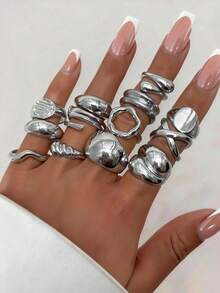 14 piezas Conjunto de anillos gruesos de metal dorado minimalista y de moda con diseño geométrico asimétrico exagerado y gota de agua hueca. Apilables para mujer. (La colocación individual de los anillos puede variar ligeramente, por favor consulte las imágenes del producto real para verificar) - Plateado - Ver 1