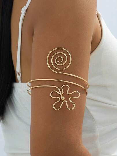 复古个性化海洋花朵开口金手镯，沙滩假日音乐节女士饰品，小众臂环，优雅简约风格，INS