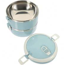 1400ML Double Layer Bento Box Stainless Steel Insulated Lunch Box With Lids And Handles Portable Stackable Metal Round Food Containers For School Work Travel - Baby Blue - View 4