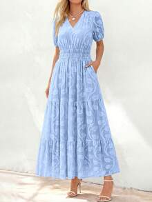 Women's Boho Maxi Dress, Summer Short Sleeve V-Neck Floral Flowy A-Line Long Dress, Formal For Wedding Guest & Baby Shower - 淺藍色 - 查看 4