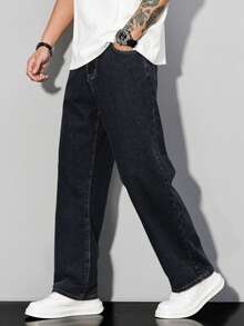 2026 New Men's Solid Color Black, Blue, Light Blue Straight Leg Jeans, Men's Loose Casual Jeans Pants, Fashionable, Versatile And Comfortable, Can Be Worn All Year Round - 黑色 - 查看 2