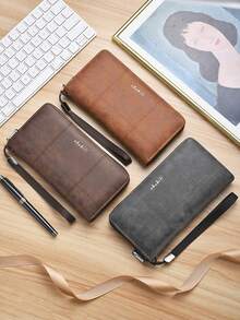 男士长款拉链钱包，大容量多卡位皮革拼接手拿包，时尚商务休闲 - 彩色 - 查看 1