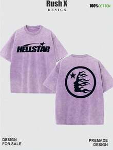 Men's Pattern Washed T-Shirt - Double Sided Printing, 100% Cotton, Short Sleeved, Summer Casual T-Shirt, Black With White Star Design, Loose Fit, Machine Washable, Daily T-Shirt | Loose Fit Shirt | 100% Cotton T-Shirt, Cotton T-Shirt - 紫色 - 查看 1