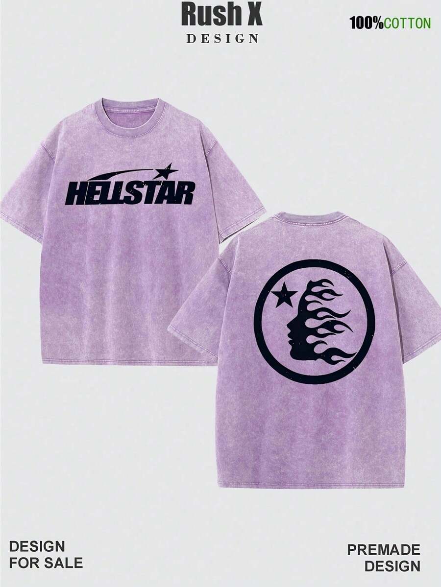 Men's Pattern Washed T-Shirt - Double Sided Printing, 100% Cotton, Short Sleeved, Summer Casual T-Shirt, Black With White Star Design, Loose Fit, Machine Washable, Daily T-Shirt | Loose Fit Shirt | 100% Cotton T-Shirt, Cotton T-Shirt - 紫色 - 查看 1
