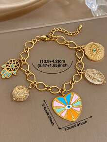 مجموعة قلادة وسوار قابلة للتعديل بتميمة قلب محظوظ بوهيمي للنساء، مطلي بالذهب عيار 18 قيراط من الفولاذ المقاوم للصدأ مع خرز أكريليك وتعاويذ عين الشر والخف، مناسبة لعيد الحب، الحفلات، الحفلات الراقية، الاستخدام اليومي، المواعدة، مهرجانات الموسيقى، العطلات، أعياد الميلاد، هدية رمزية أنيقة - متعدد الألوان - مشاهدة 7