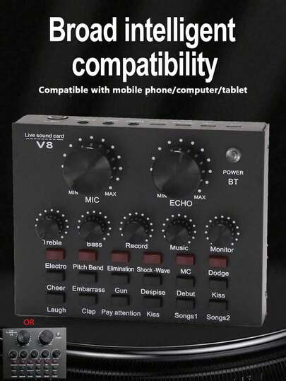 YAIUZGOO V8 Soundkarte, externe Audiokarte, geeignet für mobiles Live-Streaming und KTV, unterstützt Dual-Handy-Sprachchat, kompatibel mit Computer und Mobilgerät