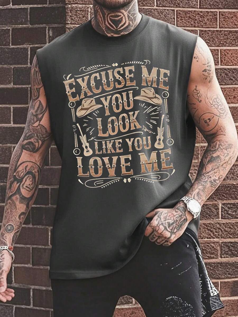 美式西部风格印花宽松休闲无袖男士背心，夏季 - 深灰色 - 查看 1