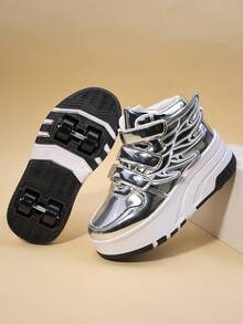 Kids Roller Skate Shoes With 4 Wheels, Detachable Wheels, Roller Skating Shoes, Fashion Casual Shoes With Hook And Loop, For Boys And Girls, Children And Students - Silver - View 3