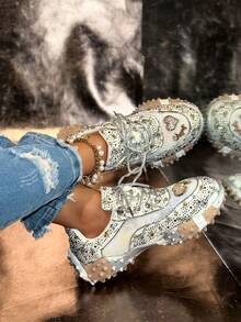 2026 Season New Rhinestone Shiny Women's Sneakers, Breathable Crystal Casual Flat Shoes, Fashionable Versatile Platform Party Shoes - Silver - View 3