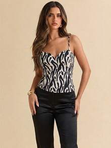 Allover Print Bustier Detail Lace-Up Backless Beach Tank Top For Women - Black and White - View 3