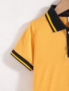 2pcs/Set Toddler Boys' Casual Cartoon Print Decorated Button Design Polo Collar Short Sleeve Top And Shorts Set, Spring/Summer - Yellow - View 5