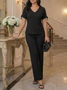 Ensemble 2 pièces grande taille pour femmes, style bohème décontracté des années 90. Chemise et pantalon évasé. Tenue plissée unie pour un usage quotidien - Noir - Voir 1