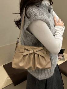 New Autumn/Winter Fashion Versatile Personality Pleated Bow Decor Women's Handbag, Elegant Gentle Sweet Style, Suitable For Shopping, Wallet, Shopping, Young Women, College Students, Newlyweds, White-Collar. Ideal For Office, School, Work, Business, Commuting, Outdoor Activities, Travel, Outings And Other Occasions. - Khaki - View 3