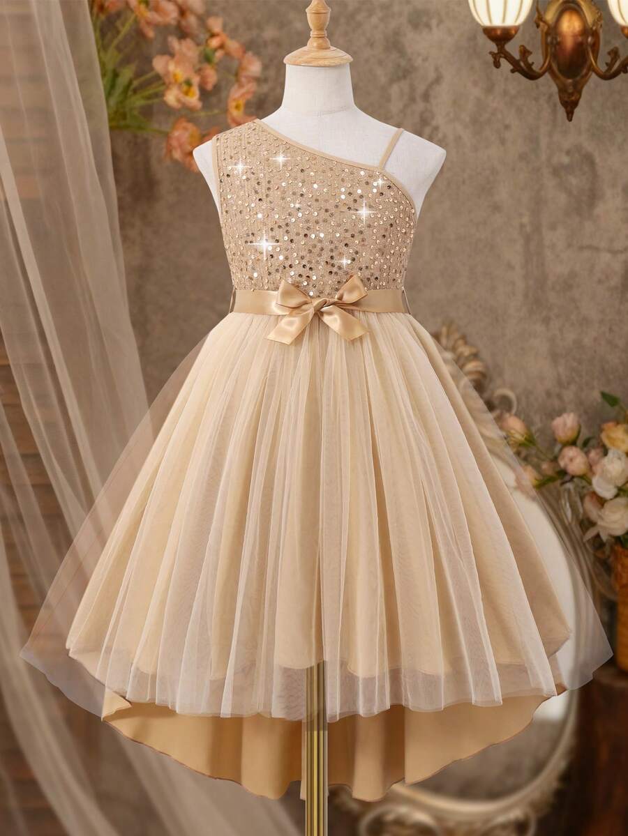 Girls Sequin Asymmetric Shoulder Lightweight Dress, Elegant Multi-Layer Tulle Bow Decor Princess Dress For Big Tween Girl - Gold - View 1