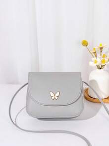 Mini Butterfly Print Decor Metal Crossbody Shell Bag - Grey - View 5