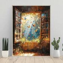 5D钻石画套装 - 窗边蝴蝶图案，圆形水晶水钻，无框马赛克艺术，家居墙面装饰，钻石画套装，马赛克工艺品 - 彩色 - 查看 2