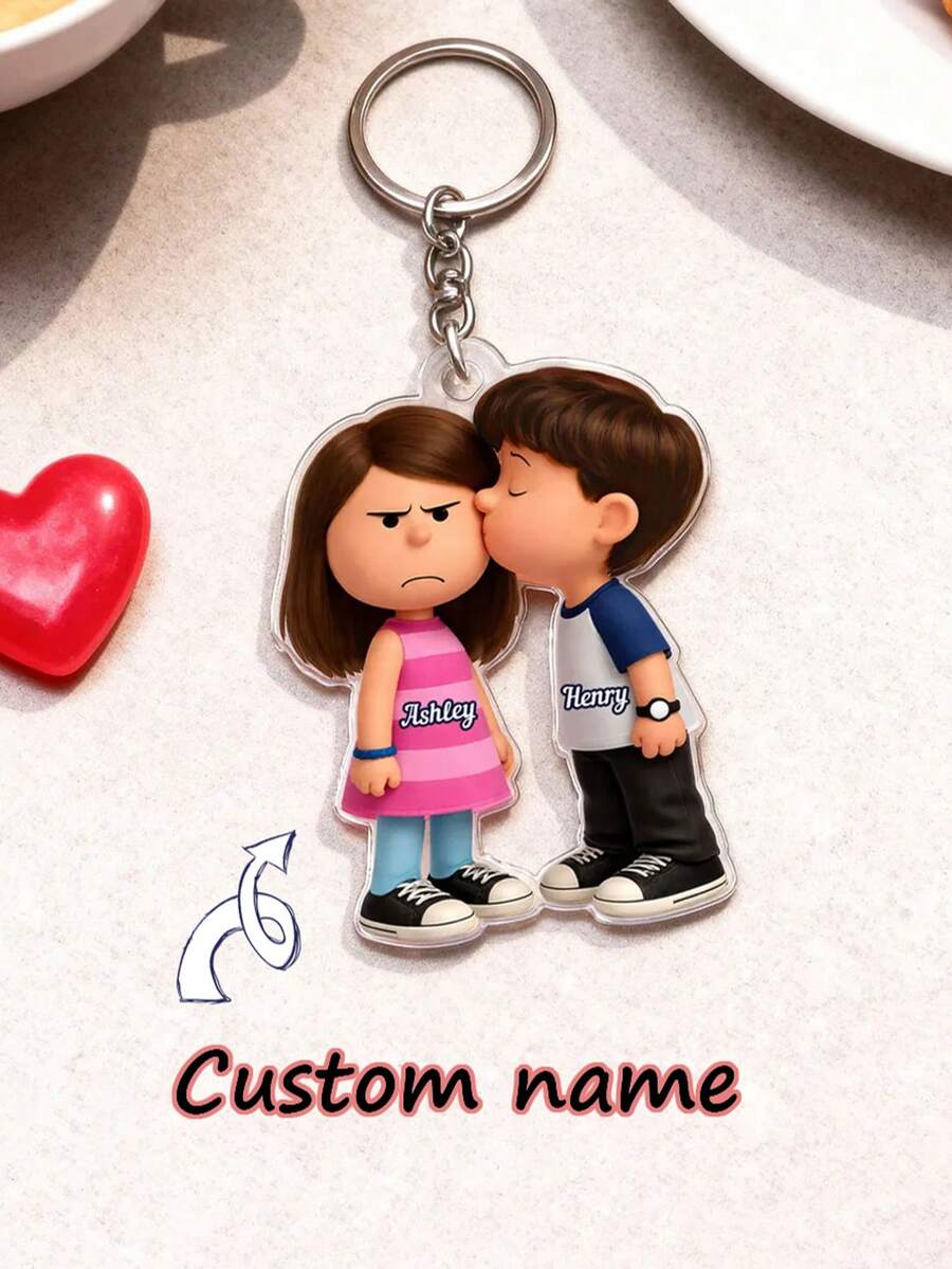 Llavero de pareja de dibujos animados lindos - Personalizado con sus nombres - Llavero acrílico duradero para parejas, regalo ideal para aniversario y Día de San Valentín para él y ella - Llavero de pareja C-Cute - Ver 1