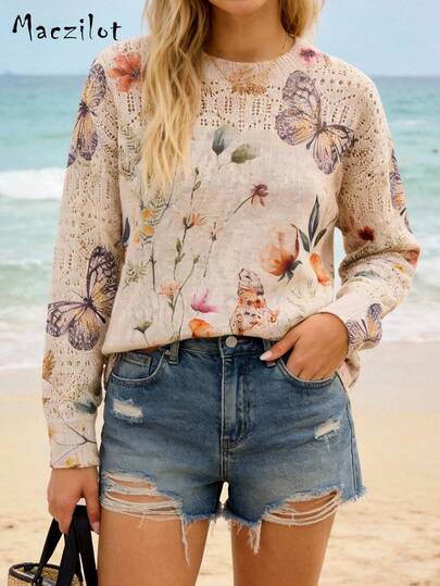 Jersey de mujer, estampado de mariposa vintage, cuello redondo holgado y calado, ligero, casual para vacaciones de primavera/verano