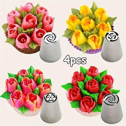 4pcs/Set Stainless Steel Flower Piping Nozzles, DIY Cake Cream Icing Decorating Tips Baking Tools