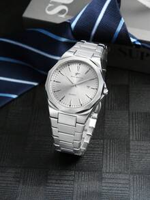 1pc Men's Quartz Watch, Octagonal Case Design, Full Steel Material Suitable For Commute And Daily Wear, Showcasing Understated Elegance - Silver - View 2