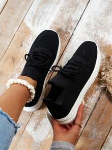 Minimalist Lace Up Decor Knit Running Shoes - màu đen - Xem 3