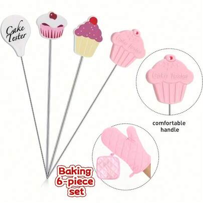 6pcs Baking DIY Tools, Pink Heart Thick Oven Mitts And 304 Stainless Steel Cake Tester - Reusable Metal Baking Probe Cake Tester Tool, Cake Doneness Detector, Cake Cookie Baking Probe, Valentine's Day - Ramadan Gift