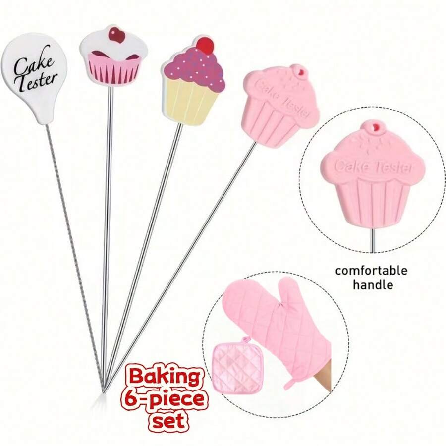 6件套烘焙DIY工具，粉色爱心加厚隔热手套和304不锈钢蛋糕测试针 - 可重复使用的金属烘焙探针蛋糕测试工具，蛋糕熟度检测器，蛋糕饼干烘焙探针，情人节/斋月礼物 - 彩色 - 查看 1