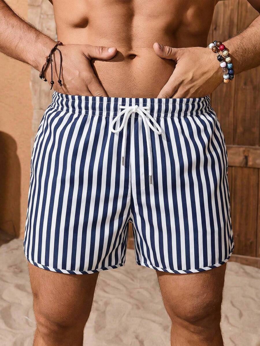 Men's Summer Casual Striped Shorts, Beach Pants, Suitable For Beach, Pool Party, And Home Wear - Blue - View 1