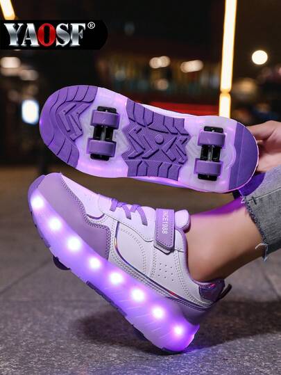 YAOSF 儿童/青少年轮滑鞋 - 升级版，稳定性更强，可拆卸二合一运动鞋，街头酷炫轮滑鞋，户外运动夜光鞋，亲子鞋，新款直排轮滑鞋，夜间发光鞋，USB充电轮滑鞋，LED发光轮滑鞋，带夜光鞋底的运动鞋，男女童/学生户外运动轮滑鞋，高端儿童节日礼物