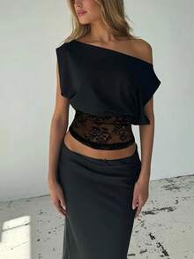Vestido de playa negro de verano con dobladillo asimétrico/asimétrico de encaje y parches - Negro - Ver 1