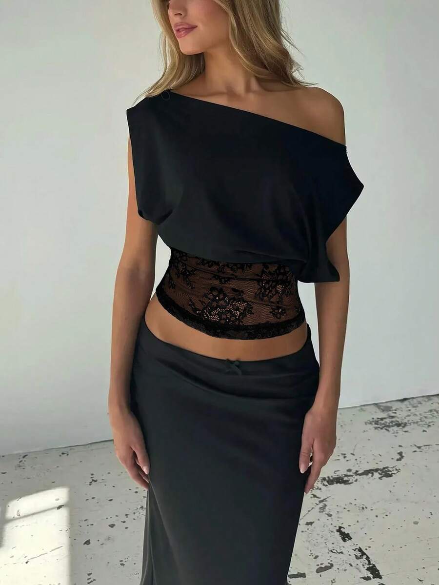 Vestido de playa negro de verano con dobladillo asimétrico/asimétrico de encaje y parches - Negro - Ver 1