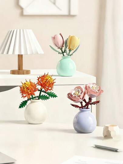 Bộ xếp hình hoa bằng khối nhựa, chậu cây tự lắp ráp, trang trí bàn làm việc, hoa bằng khối nhựa sống động như thật kèm bình, quà tặng cho bạn bè, dịp đặc biệt, trang trí nhà cửa, trang trí phòng ngủ.