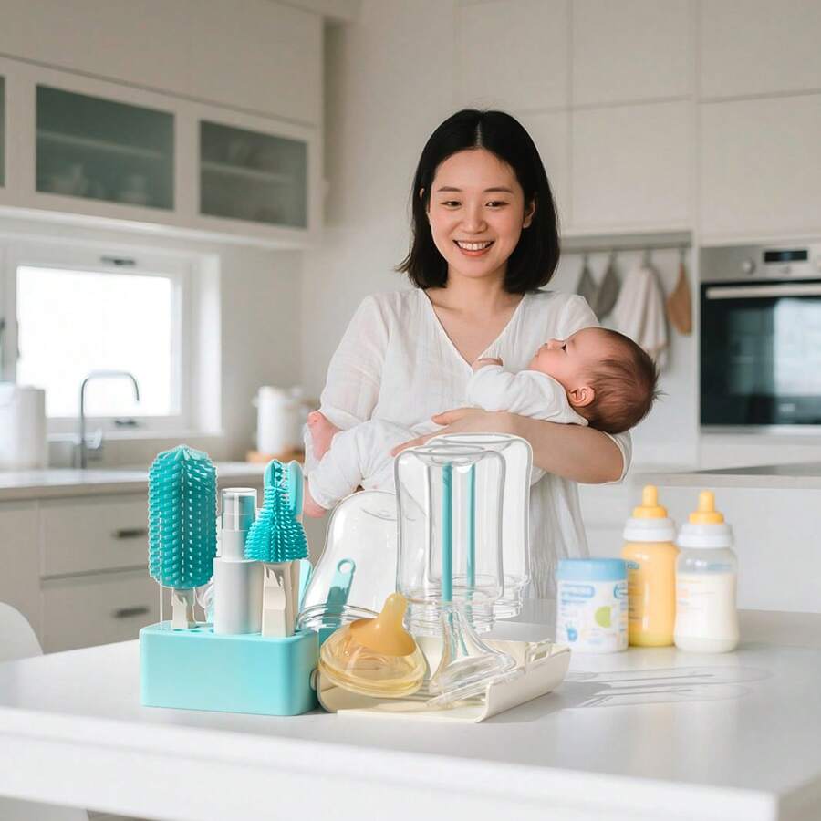 10-In-1 Set Silicone Bottle Brush, Pacifier Brush, Straw Cleaning Tool, Bottle Mouth Brush, 10-In-1 Set - Mint Blue - View 1