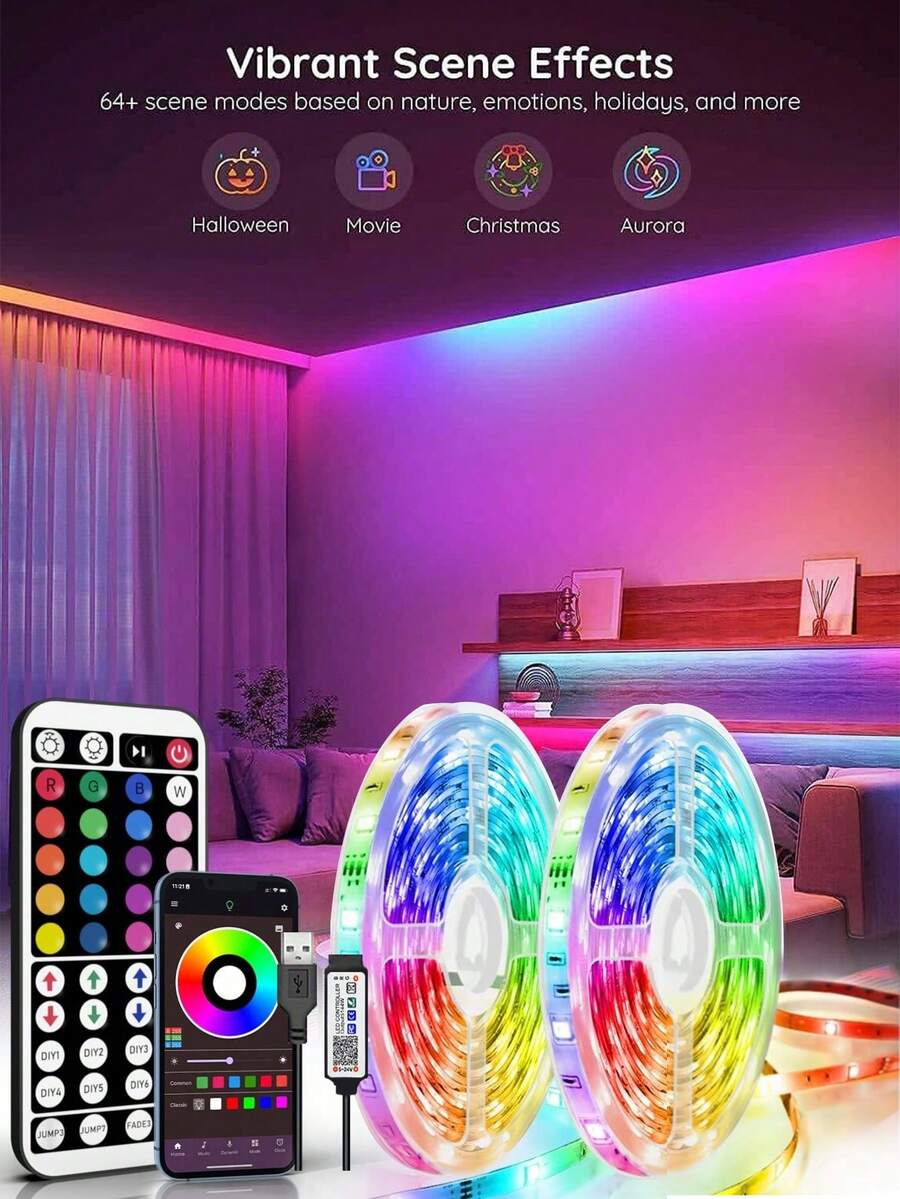 3.28英尺 - 65.6英尺 RGB LED燈條，配備44鍵遙控器與應用程式，顏色可隨音樂同步變換，亮度可調，適用於臥室、廚房及電視背景照明