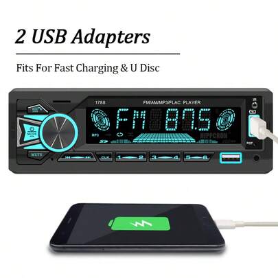 Single DIN Car Stereo Radio, Supports Fast Charging, Equipped With USB/SD/Aux Input, 7-Color Backlit LCD Display, Suitable For 12V Vehicles, Compatible With Smartphones/Tablets