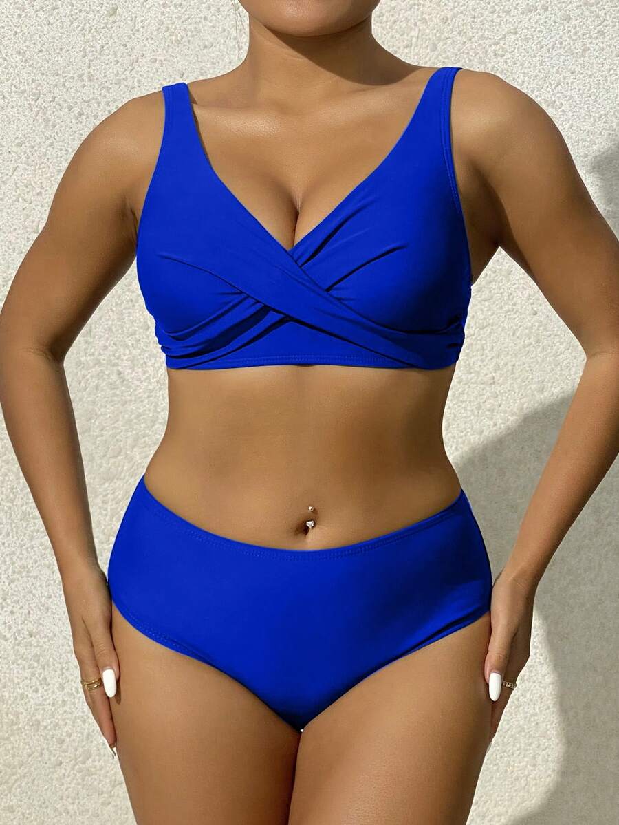 Women Solid Color Cross Wrap Bikini Set With Removable Pads For Beach Vacation Summer - Royal Blue - View 1